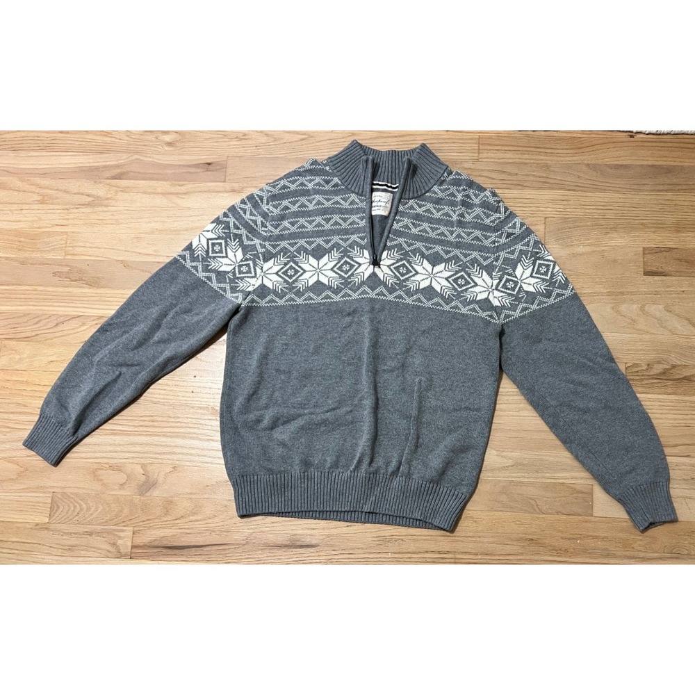 Weatherproof Vintage Mens Large Gray Fair Isle Snowflake 1/4 Zip Cotton Sweater